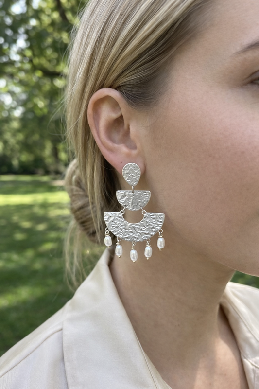 Boucles d'Oreilles Multi Plaques Géométriques Martelées Avec Perles