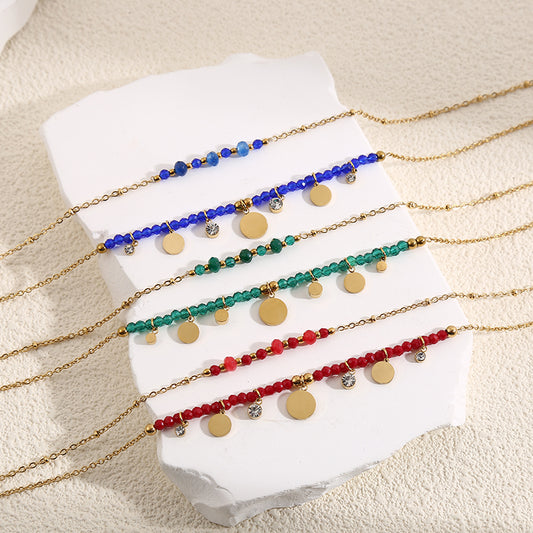 Collier Doré Double Chaînes Cristaux Rouges Petites Plaques Rondes Et Strass