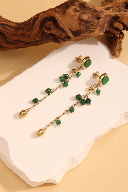 Boucles d'Oreilles Pendantes Dorées Chaîne Cristaux Et Motif Fleur Tulipe