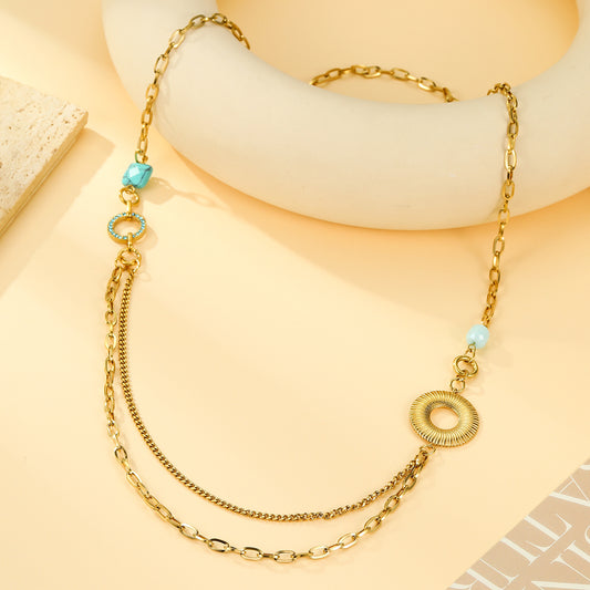 Collier Sautoir Double Chaîne Dorée Avec Anneau Strass et Perles Bleues