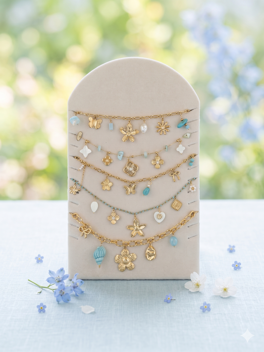 Lot de 5 bijoux à pendentifs floraux thème bleu
