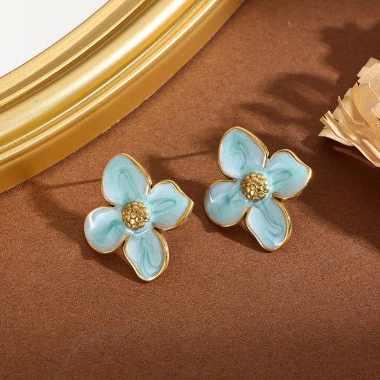Boucles d'Oreilles Dorées Florales Colorées Bleues (émail)