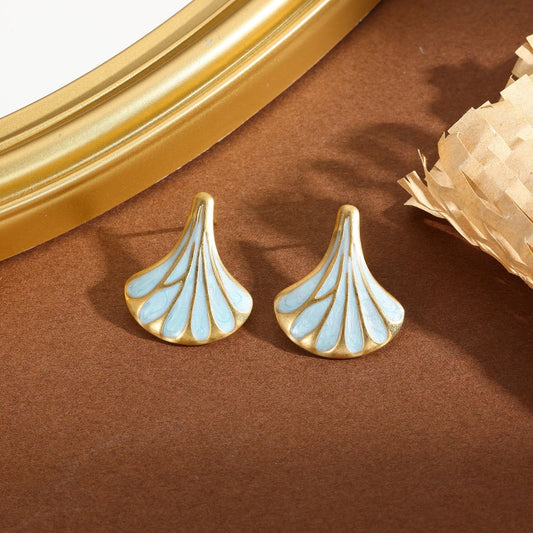 Boucles d'Oreilles Dorées Ginkgo émail Bleu