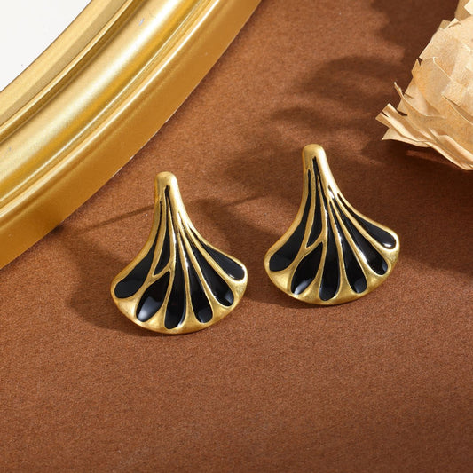 Boucles d'Oreilles Dorées Ginkgo émail Noir