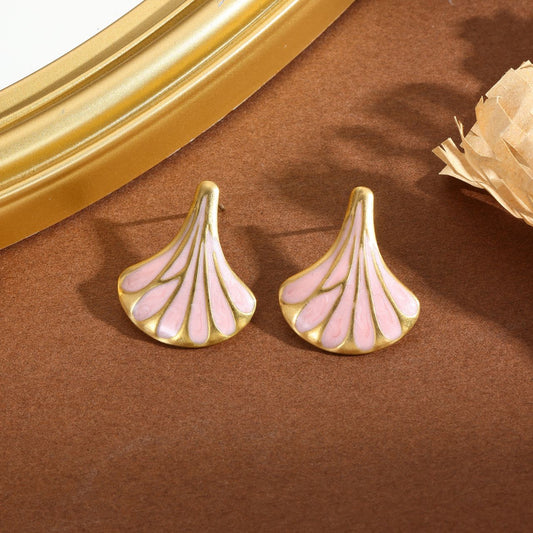 Boucles d'Oreilles Dorées Ginkgo émail Rose