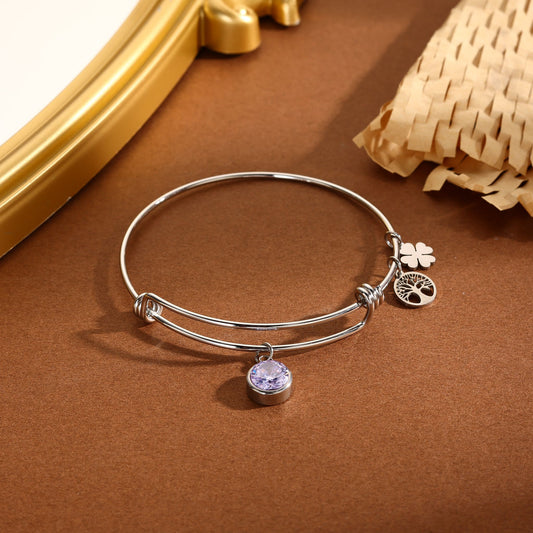 Bracelet Argenté Jonc Ajustable Avec Pendantes Trèfle Arbre Et Strass Violet