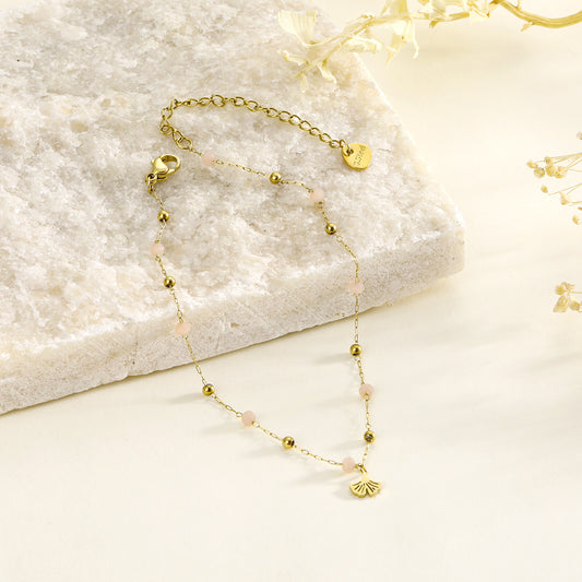 Chaîne de cheville pierres roses avec pendentif fleur de ginkgo