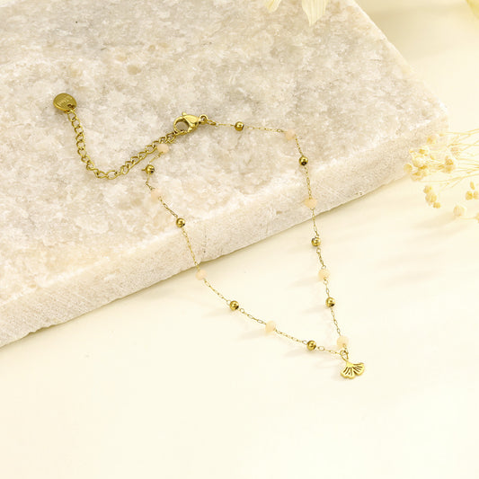 Chaîne de cheville pierres roses avec pendentif fleur de ginkgo