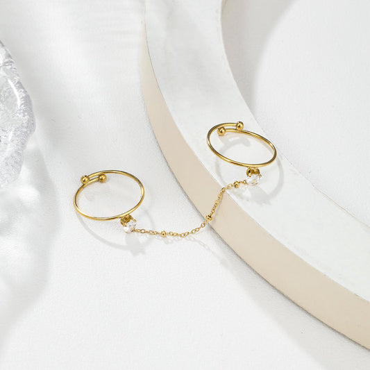 Bagues dorées ajustable fines double doigt avec strass cœur