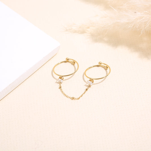 Bagues dorées ajustable fines double doigt avec strass cœur