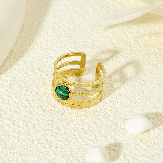 Bague Dorée Triple Ligne Pierre Malachite Ajustable
