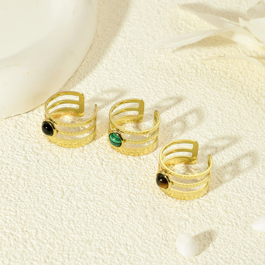 Bague Dorée Triple Ligne Pierre Malachite Ajustable