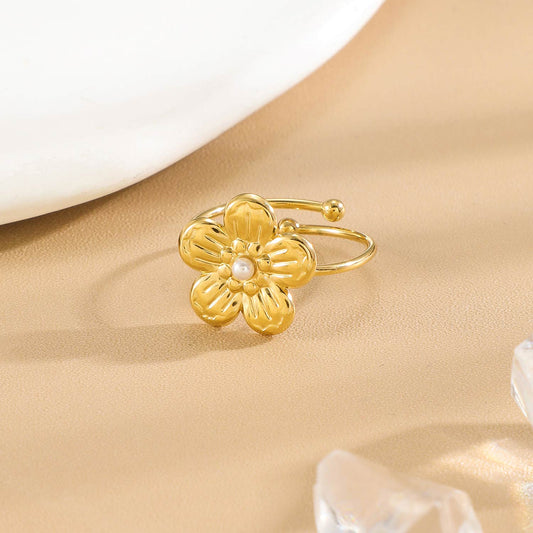 Bague Dorée Fleur Perle Ajustable