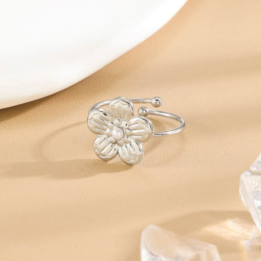 Bague Argentée Fleur Perle Ajustable