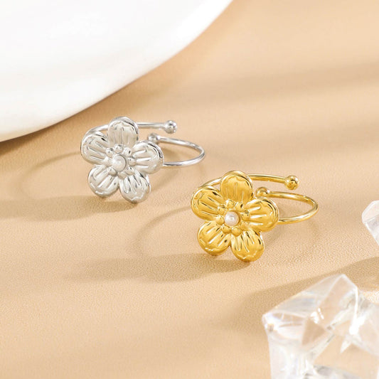 Bague Argentée Fleur Perle Ajustable