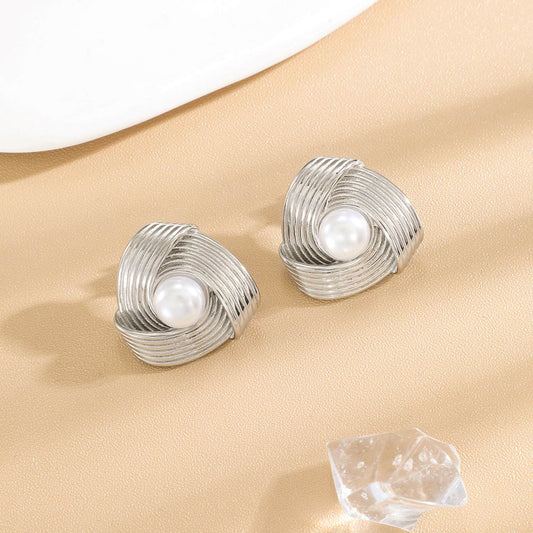 Boucles d'Oreilles Argentées Rétro Tressées Avec Perle