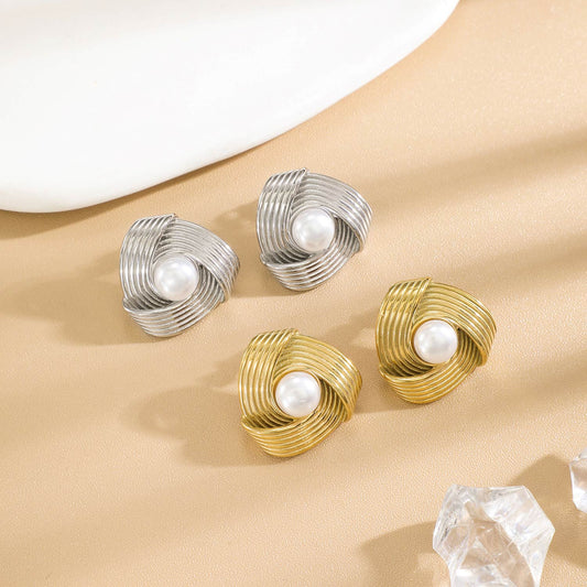 Boucles d'Oreilles Argentées Rétro Tressées Avec Perle