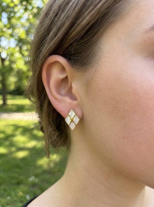Boucles d'Oreilles Dorées Losange Avec Incrustations Nacre