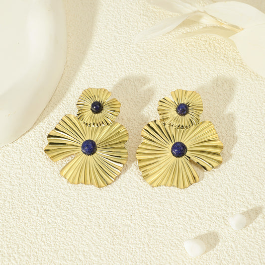Boucles d'Oreilles Double Fleurs Pierre Lapis Lazuli