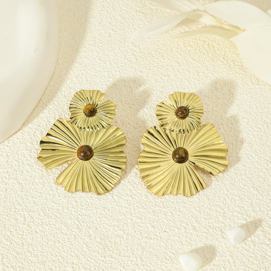 Boucles d'Oreilles Double Fleurs Pierre Œil de Tigre