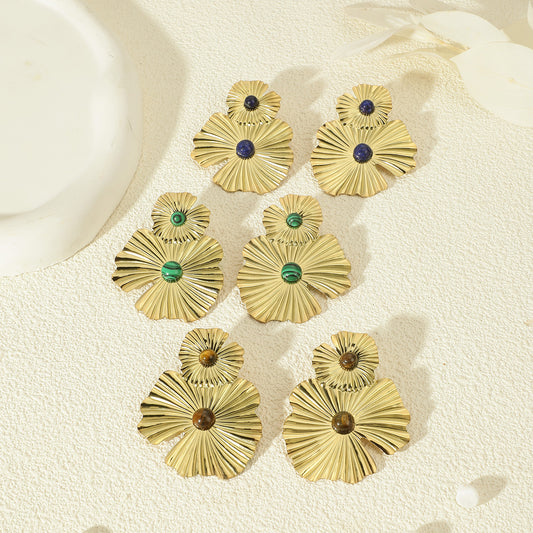 Boucles d'Oreilles Double Fleurs Pierre Œil de Tigre