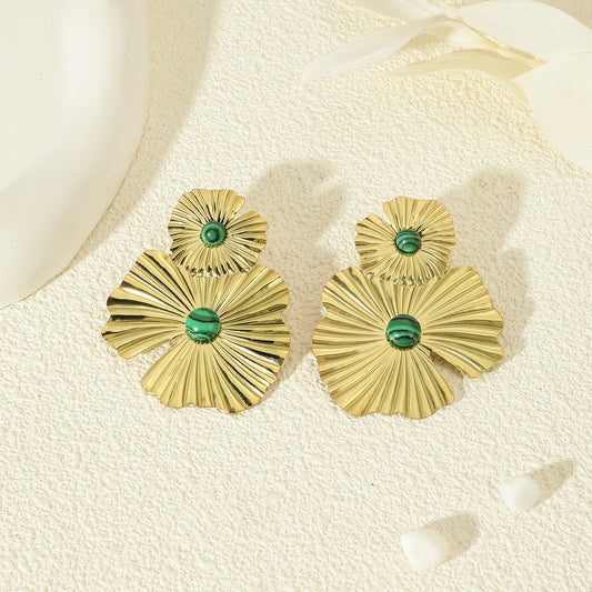 Boucles d'Oreilles Double Fleurs Pierre Malachite