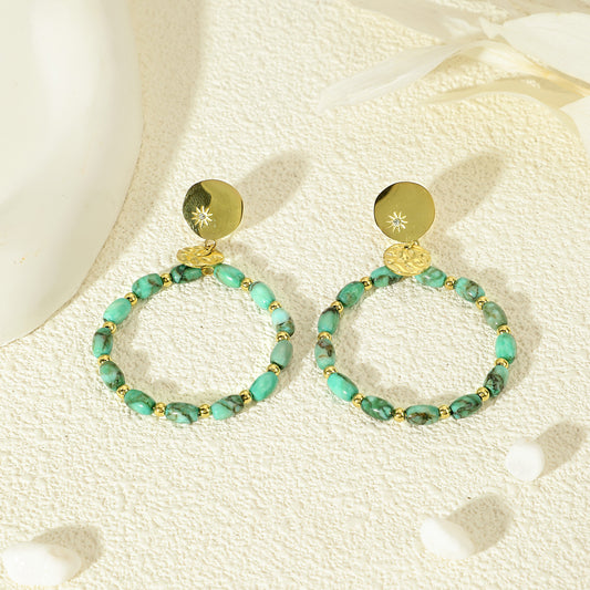 Boucles D'oreilles Dorées Cercle Pendentif Pierre Turquoise d'Afrique