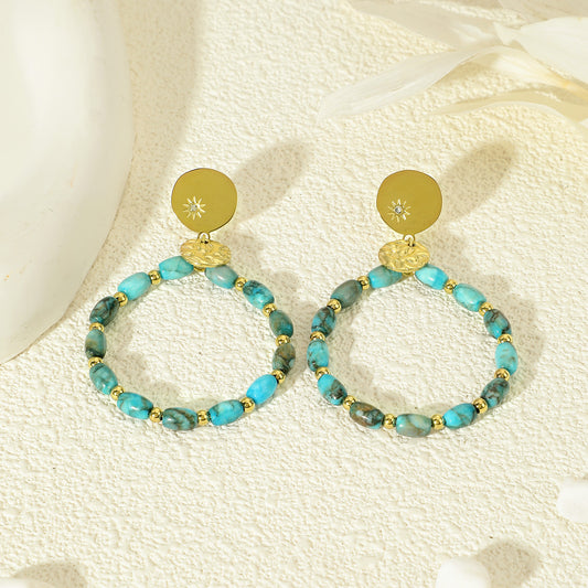 Boucles D'oreilles Dorées Cercle Pendentif Pierre Turquoise Bleu