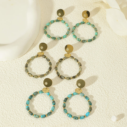 Boucles D'oreilles Dorées Cercle Pendentif Pierre Turquoise Bleu