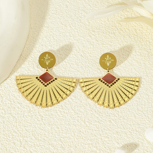 Boucles D'oreilles Dorées Pendentif Éventail Émail Rouge