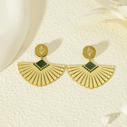 Boucles D'oreilles Dorées Pendentif Éventail Émail Vert