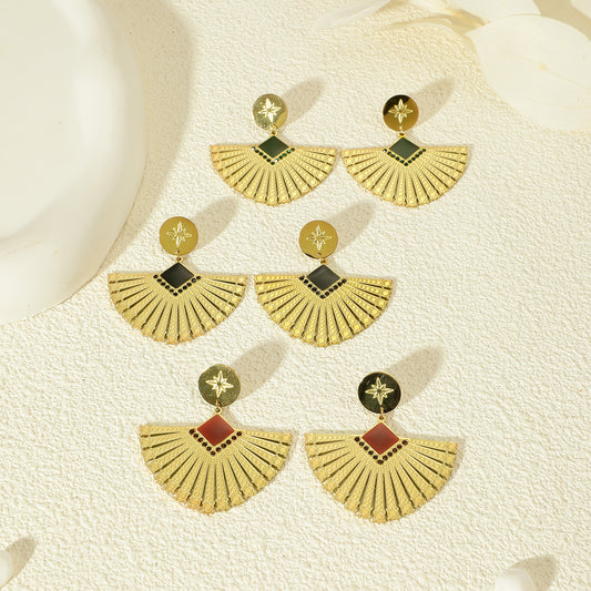 Boucles D'oreilles Dorées Pendentif Éventail Émail Vert