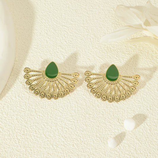 Boucles d'Oreilles Dorées Demi Fleur avec Goutte Verte