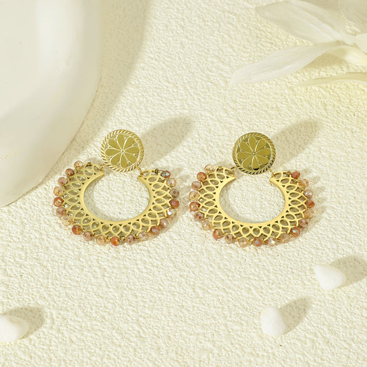 Boucles D'oreilles Dorées Cercle Cristaux Rouges