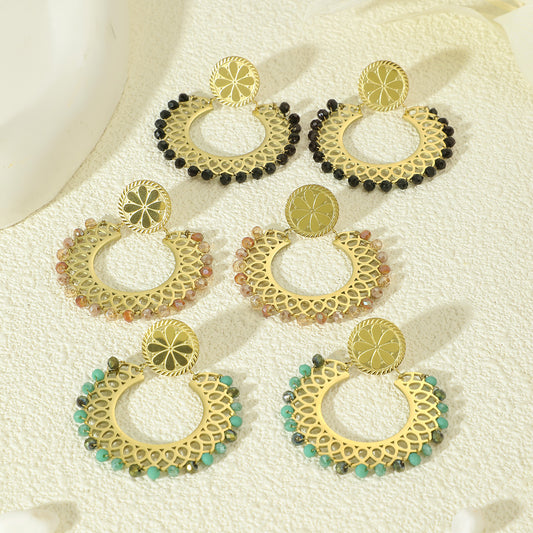 Boucles D'oreilles Dorées Cercle Cristaux Rouges