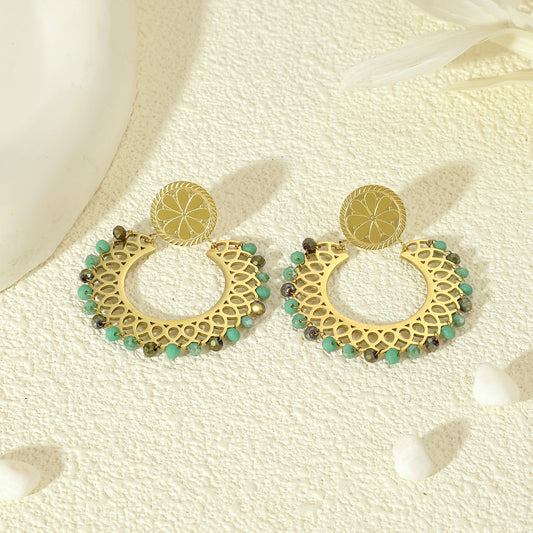 Boucles D'oreilles Dorées Cercle Cristaux Verts