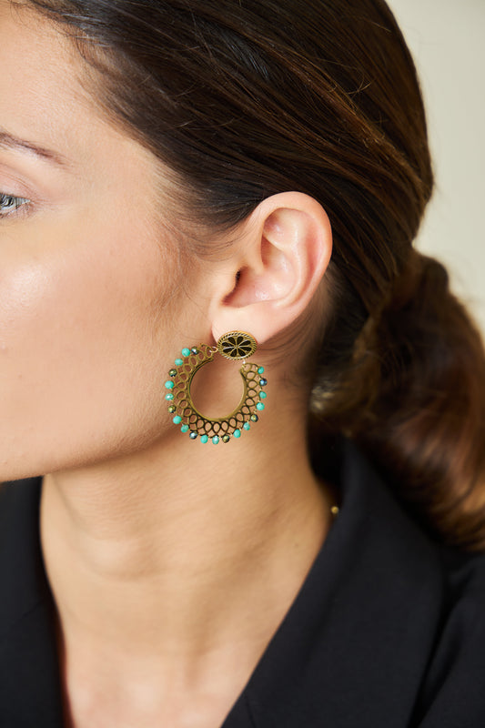 Boucles D'oreilles Dorées Cercle Cristaux Verts