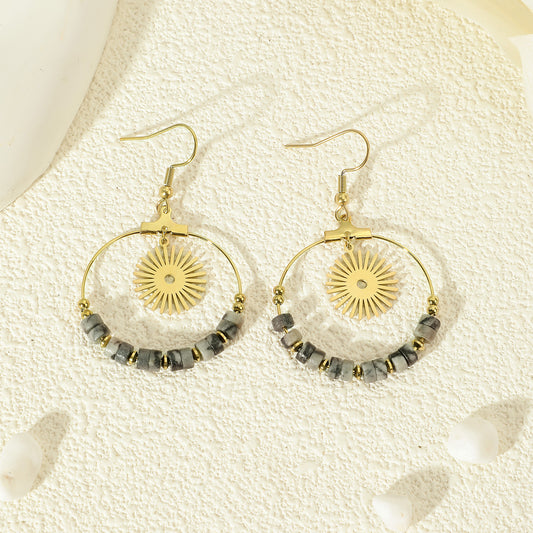 Boucles d'Oreilles Dorées Pendantes Soleil Pierres Granite Grise
