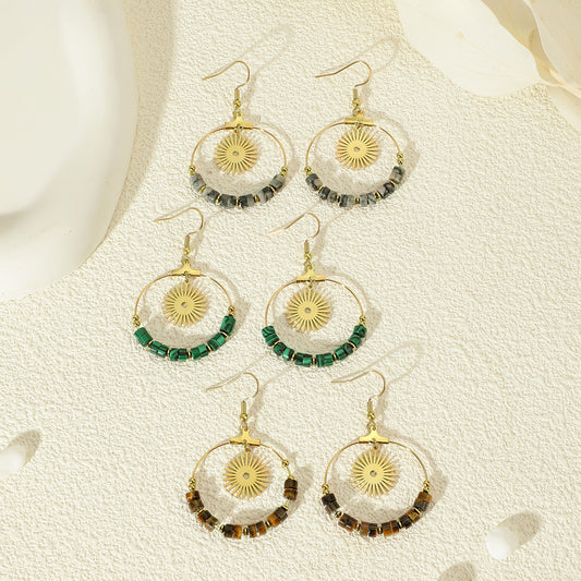 Boucles d'Oreilles Dorées Pendantes Soleil Pierres Granite Grise