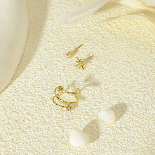 Bijou D'oreille Dorée Ondulée Strass étoile 3 en 1