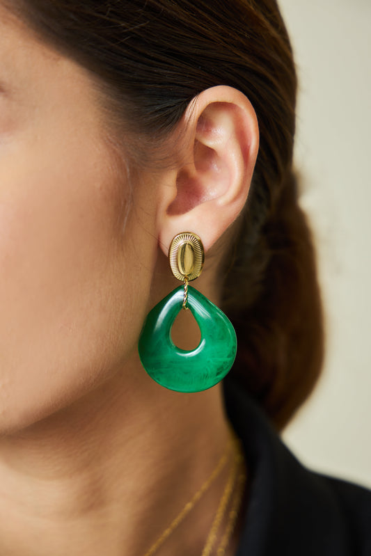 Boucles D'oreilles Dorées Acrylique Verte Pendantes