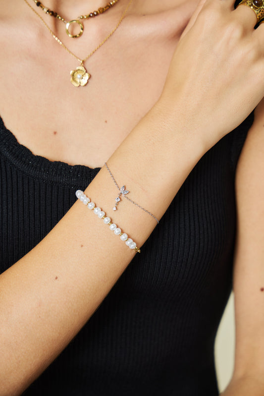 Bracelet Chaîne Argentée Strass Pendants