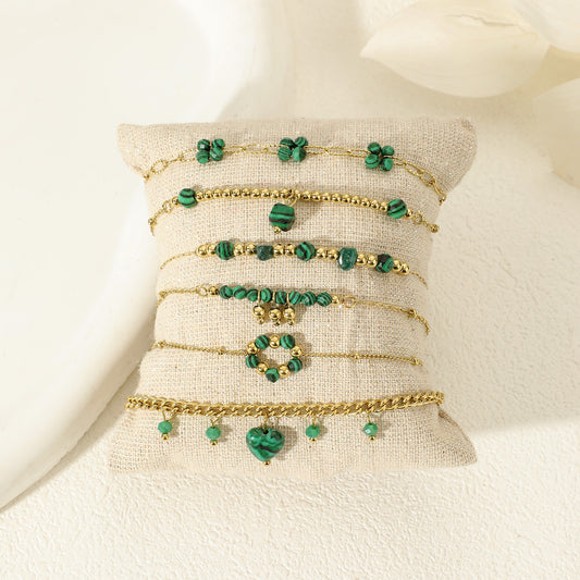 Lot de 6 Bracelets Dorés Pierre Malachite sur coussin