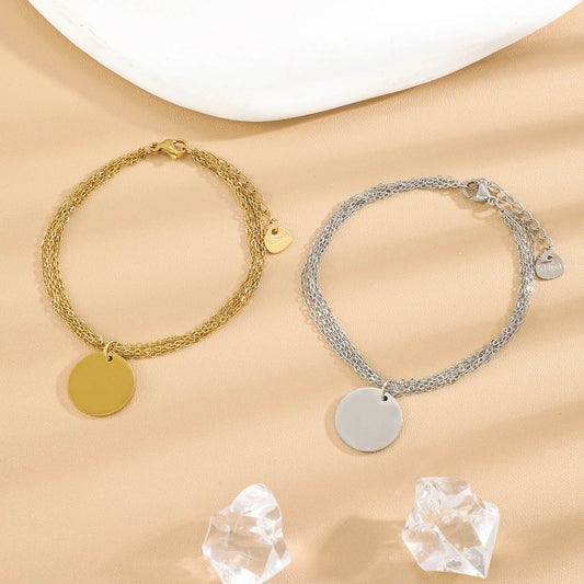 Bracelet Doré En Chaînes Fines Entrelacées Plaque Ronde À Graver