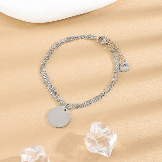 Bracelet Argenté En Chaînes Fines Entrelacées Plaque Ronde À Graver