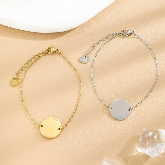 Bracelet Argenté En Chaîne Fine Plaque Ronde À Graver