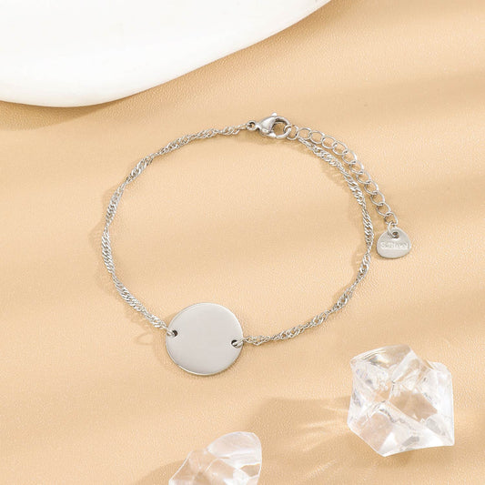 Bracelet Argenté En Chaîne Fine Torsadée Plaque Ronde À Graver