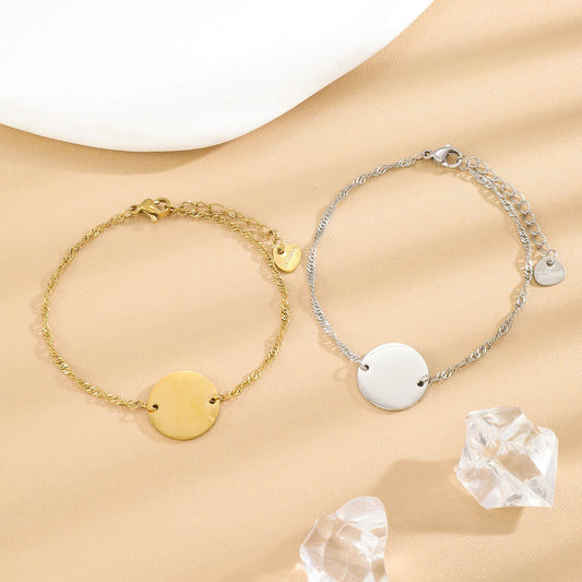 Bracelet Argenté En Chaîne Fine Torsadée Plaque Ronde À Graver