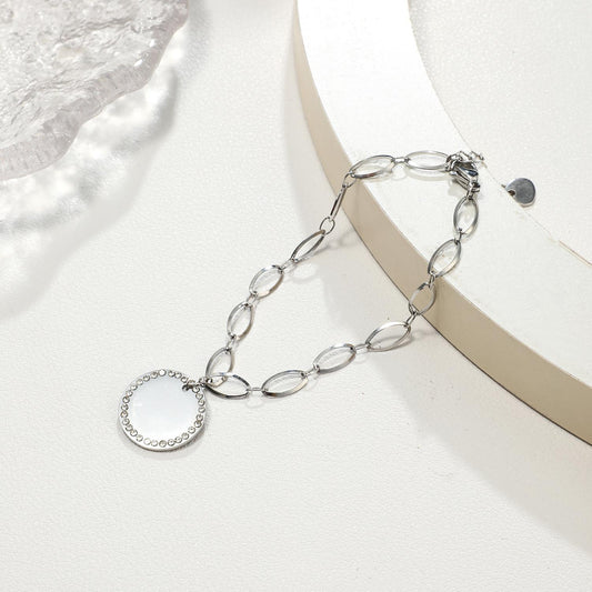 Bracelet Argenté Plaque Ronde à Graver En Strass