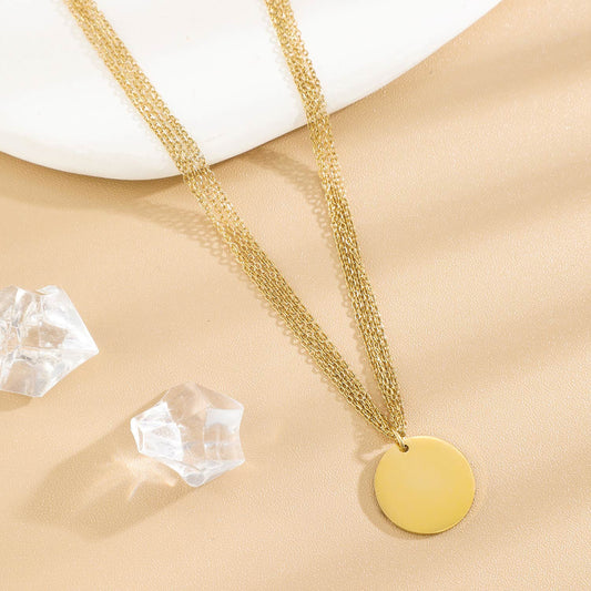 Collier Multiples Chaînes Dorées Avec Plaque Ronde À Graver